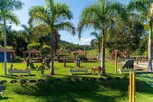 un parc avec des bancs, des palmiers et des personnes dans l'établissement Pousada temática Estrada Real, à Caxambu