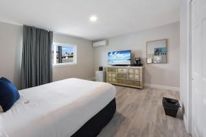 Palm Cove Motel في كليرووتر: غرفة فندقية بسرير وتلفزيون بشاشة مسطحة