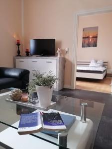 a living room with a table with books on it at Eichis Landliebe in Gorschendorf