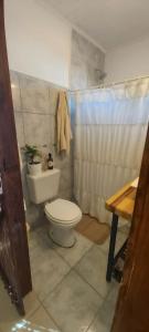 a bathroom with a toilet and a shower at Cuesta pampa casa de campo in Toay