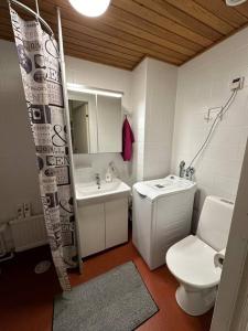 La salle de bains est pourvue de toilettes et d'un lavabo. dans l'établissement Pikku-Utopia - Studio withSauna, à Tornio