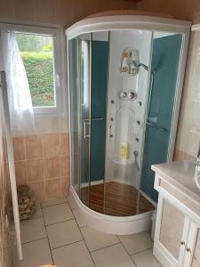 a shower with a glass door in a bathroom at Maison dans une bulle de verdure in Lacanau +14 photos