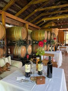 ein Zimmer mit einem Tisch mit Weinflaschen und Blumen in der Unterkunft Hotel Vendimia Parador in Santa Cruz