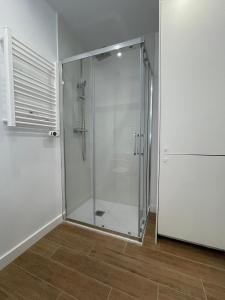 a shower with a glass door in a bathroom at Rooms Cáceres in Madrid