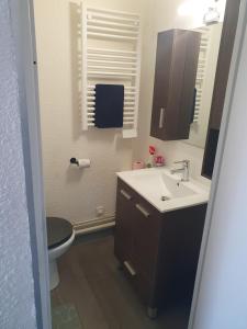 ein Badezimmer mit Waschbecken und Toilette und einem Fenster in der Unterkunft LES FLORALIES 2 Studio 4 personnes climatisé, piscine dans la résidence et Parking privé disponible in Le Grau-du-Roi + 14 Fotos