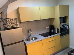 uma pequena cozinha com armários amarelos e um lavatório em Appartement Ikebana - Maulévrier Cholet Puy du Fou em Maulévrier