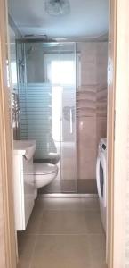 een badkamer met een douche, een toilet en een wastafel bij Kuća za odmor ANA in Ljubač