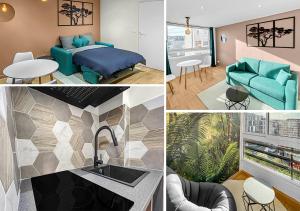 een collage van foto's van een kamer met een bed en een keuken bij L'Harmonie de Livry in Livry-Gargan