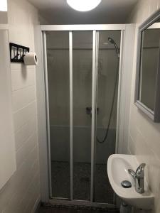 een badkamer met een douche en een wastafel bij Logement appartement bourget in Le Bourget