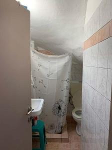 ein kleines Bad mit WC und Waschbecken in der Unterkunft Diana's cozy 12 studio. in Ioannina