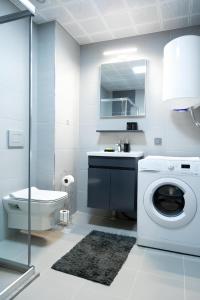 a bathroom with a washing machine and a sink at Horizon Grey Apartment & Spa in Skopje