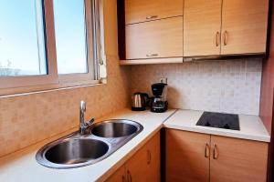 uma cozinha com um lavatório de aço inoxidável e uma janela em Arisvi All Seasons Hotel em Skala Kallonis