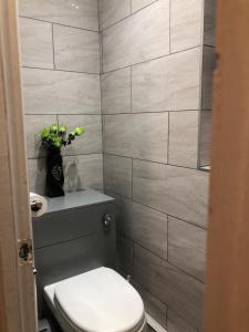 a bathroom with a toilet and a vase of flowers at 34 Furlong Close Room in a Home in Oxford