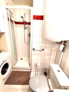 a small bathroom with a shower and a toilet at Coeur de station ESF - Pied de pistes Baïkonour in Le Corbier +5 photos