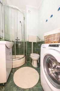 y baño con ducha, aseo y lavadora. en Mina Penthouse, en Novi Sad