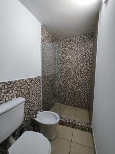 Un pequeño baño con inodoro y ducha. en Esquinita, en La Rioja