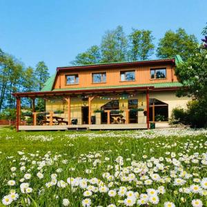 a house with a field of flowers in front of it at Dzintara Pirts in Vigale