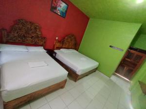 two beds in a room with green and red walls at HOTEL ESTRELLA HUASTECA in Aquismón
