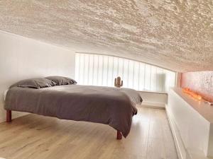 ein Schlafzimmer mit einem Bett in einem weißen Zimmer in der Unterkunft Le Bon Appart à Saint Cyprien in Saint-Cyprien