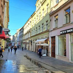 Une rue dans une ville où les gens marchent le long de la rue dans l'établissement Armin's Metro Haven, à Sarajevo