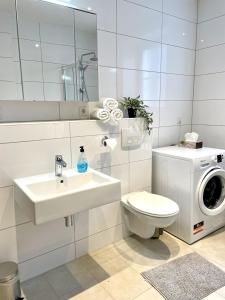 a bathroom with a toilet sink and a washing machine at Oase der Ruhe - mit viel Platz 