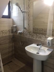 a bathroom with a sink and a shower at CASUTA LANGA LAC in Colibiţa +4 photos