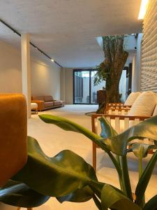 a living room with a couch and a plant at Pousada Yamandu in Juquei