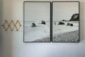 Tres fotos de una playa con rocas y el océano en Ocean View Studio Manhattan Beach, en Manhattan Beach