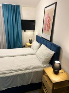 een slaapkamer met een bed met een blauw hoofdeinde bij N Lux 95 Milmari in Kopaonik