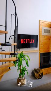 a living room with a netflix sign and a plant at Şile SHAMAN BUNGALOW VİLLAS 102 in Şile