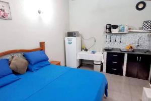 a bedroom with a blue bed and a refrigerator at Mar Azul in San Lorenzo