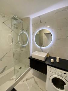 ein Badezimmer mit einer Dusche, einem Waschbecken und einer Waschmaschine in der Unterkunft E centre ville professeur langevin spacieux cosy in Épernay