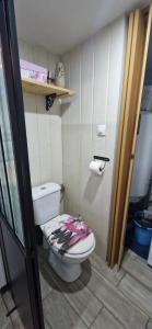 a bathroom with a toilet with a towel on it at Atelier d Antoine in Saasenheim +15 photos