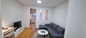 a living room with a blue couch and a tv at Mimoza in Novi Beograd