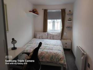 a black cat standing on a bed in a bedroom at Cosy 2 bed apartment with parking & b/fast cereal 