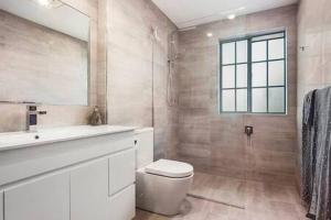 a bathroom with a toilet and a sink and a mirror at Cosy renovated 2 bed villa in superb location in Hobart