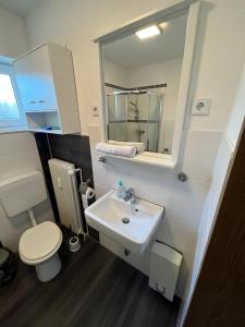 a bathroom with a sink and a toilet and a mirror at Am Deich in Norddeich