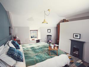 um quarto com uma cama e uma lareira em 2 Bed in Betws-y-Coed 42841 em Cerrigydrudion