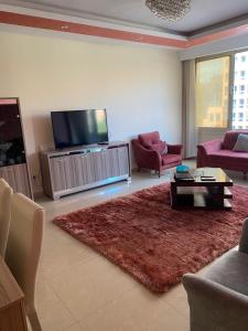 City Stars Apt2 في القاهرة: غرفة معيشة مع تلفزيون وسجادة حمراء