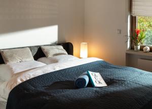 a bedroom with two beds with a pillow on the bed at Bungalow Appartements - "Studio Living" in Haselünne