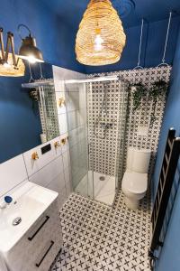 a bathroom with a shower and a toilet and a sink at VINTAGE SENACKA APARTMENTS in Krakow