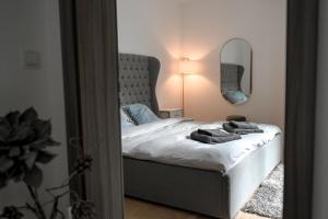 a bedroom with a bed with a mirror and a lamp at Lovely Family Suite in Prague