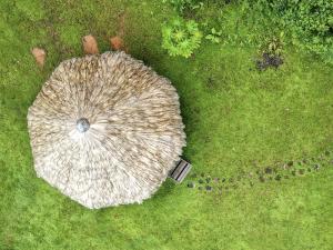 an overhead view of an umbrella in the grass at Wood cabin in the jungle with sea view in Puerto Jiménez