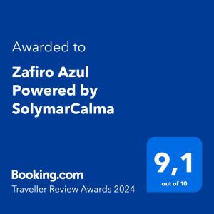 Captura de pantalla de un teléfono con el texto otorgado a zeria ayu por en Zafiro Azul Powered by SolymarCalma, en Morro del Jable