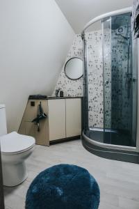 a bathroom with a shower and a toilet and a rug at Rose Valley Cottage in Ieriķi