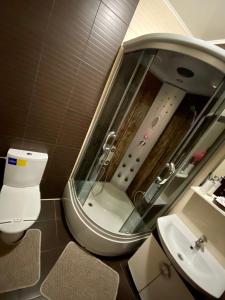 a bathroom with a sink and a toilet and a mirror at Complex Khutor in Velyka Omelyana