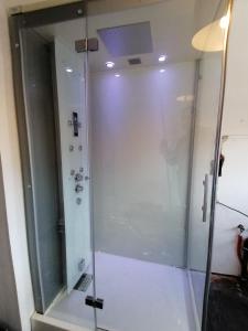W łazience znajduje się prysznic ze szklanymi drzwiami. w obiekcie La Citronnade w mieście Floreffe
