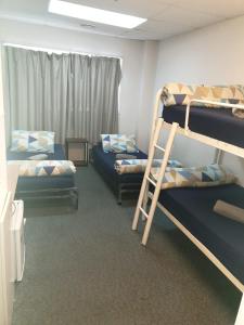 a room with two bunk beds and a ladder at Backpackers Central Hamilton in Hamilton