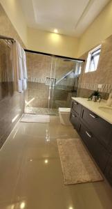 ein Bad mit einer Dusche und einem Waschbecken in der Unterkunft Ochi Rios Pyramid Point Vacation Stay in Windsor