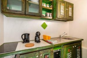 una cocina con armarios verdes y fregadero en MAREVIGLIOSO MAREVELLOUS Fronte Mare Sea Front, en Magomadas